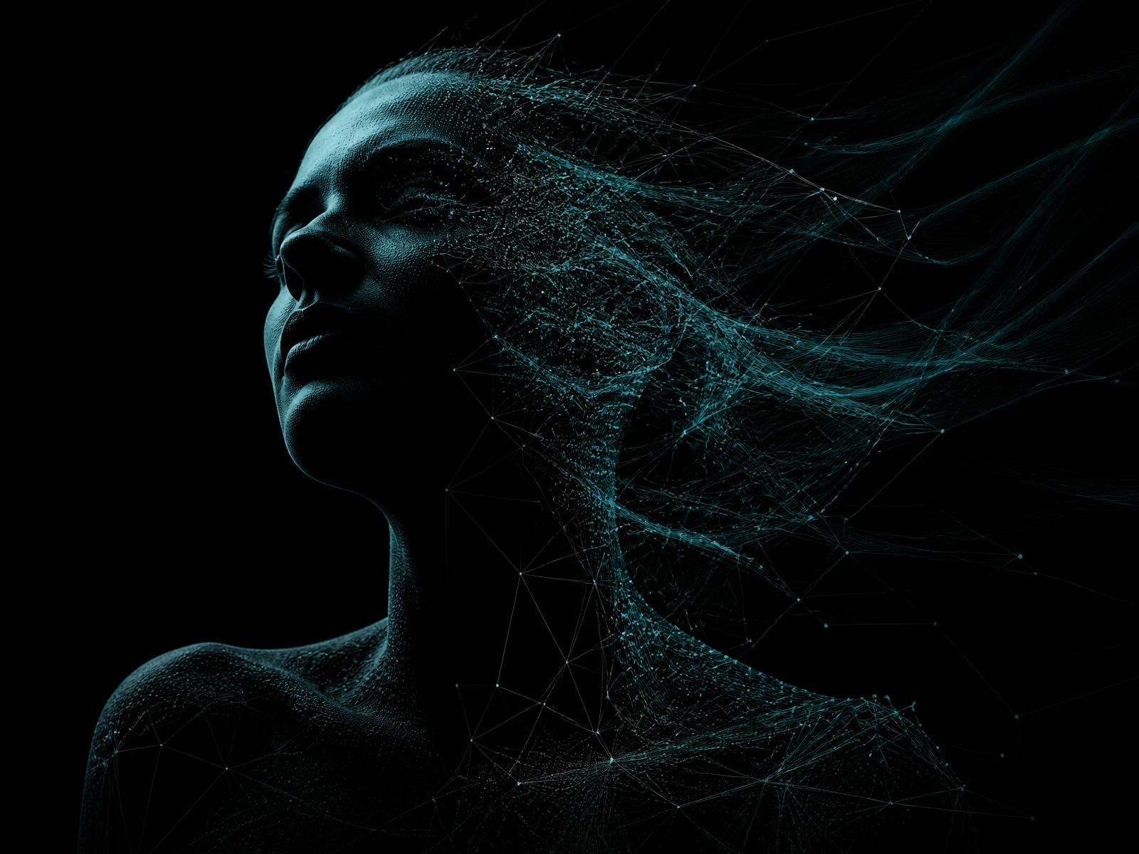 A human form dissolving into a network of light, representing awareness and becoming